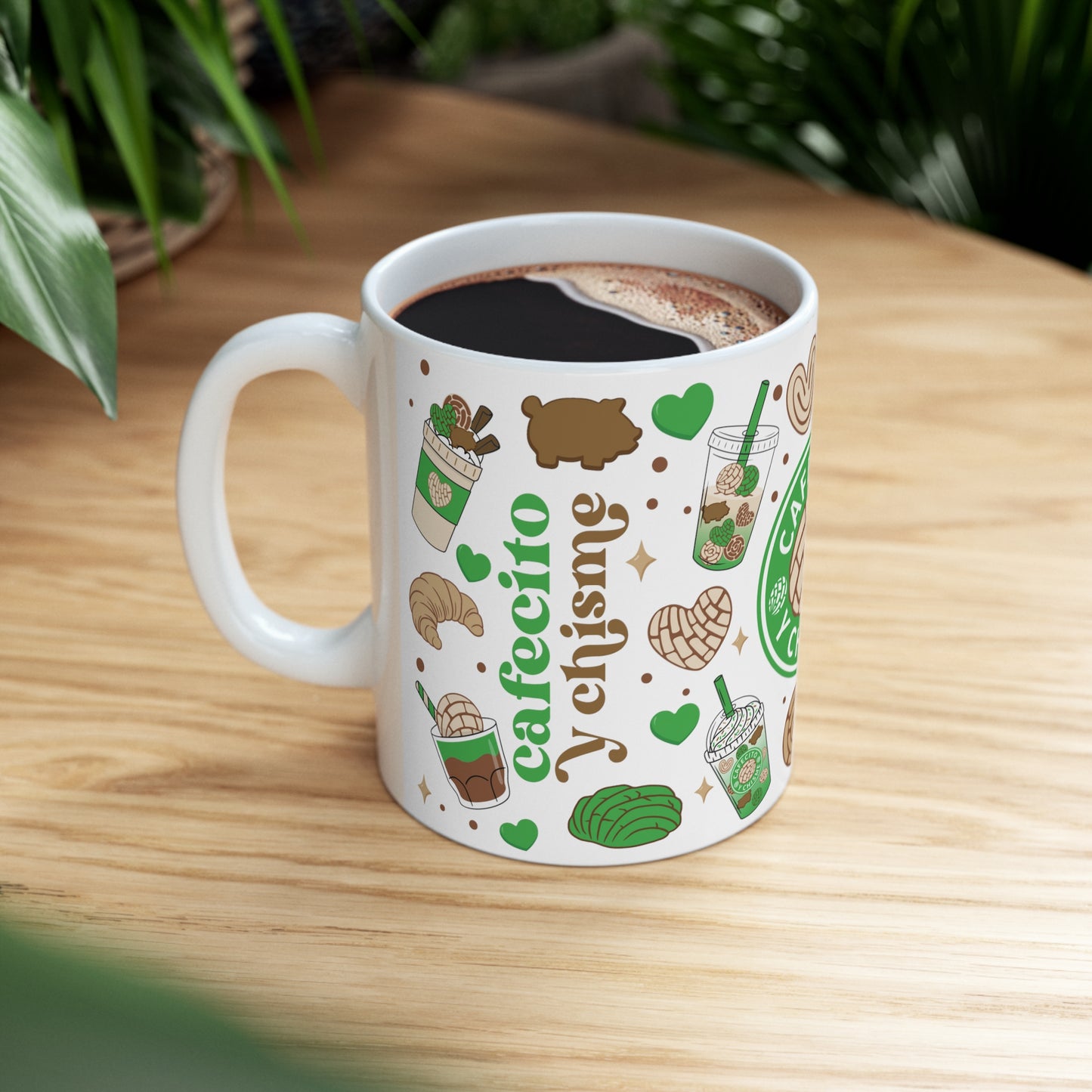 Green chismecito y cafe Ceramic Mug 11oz for comadres and best friends . Godmothers Christmas gift ideas. Navidad gift for Mexican family. Mexican coffee