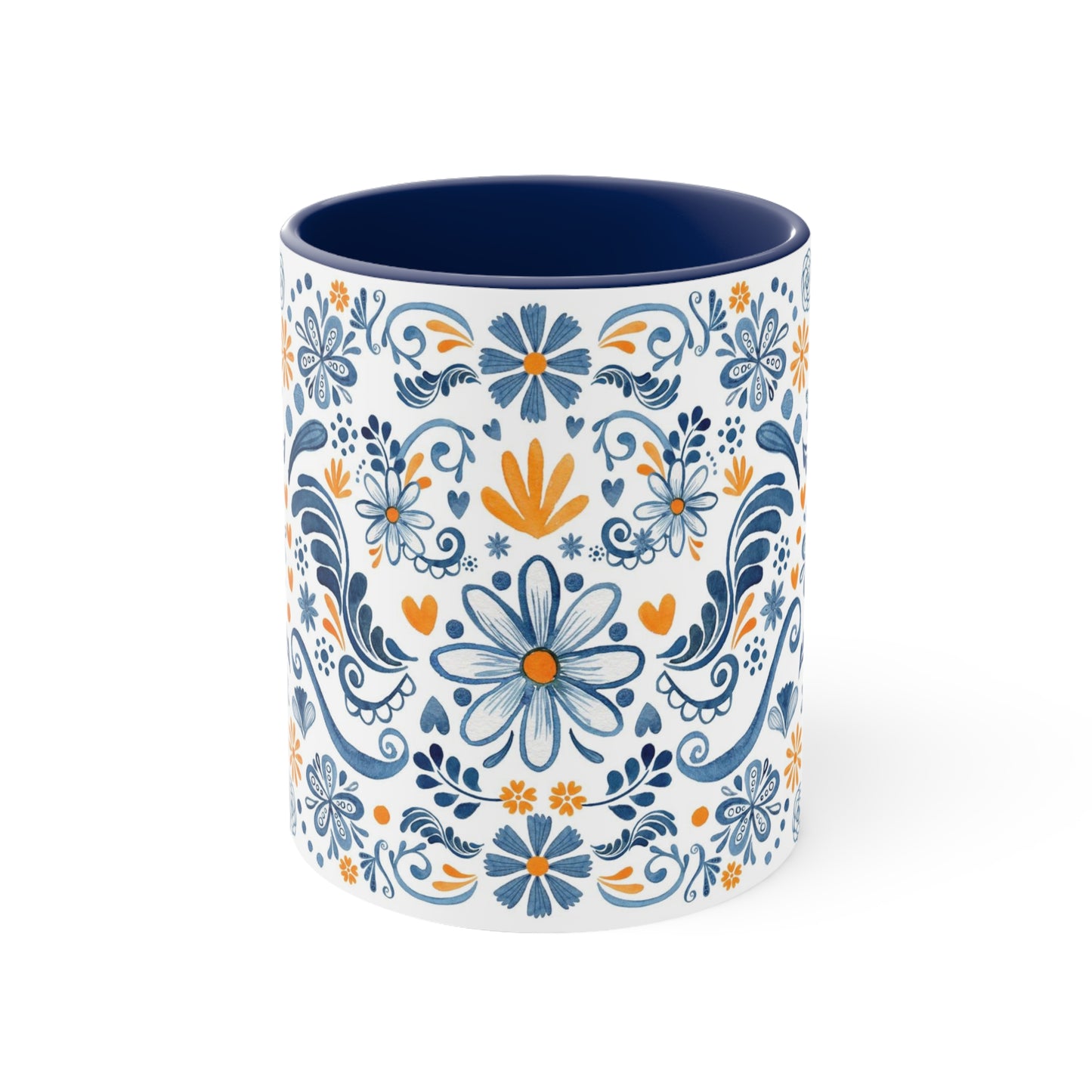 Mexican flowers Coffee Mug, 11oz. Blue orange and white Talavera mug. Mexican coffee mug