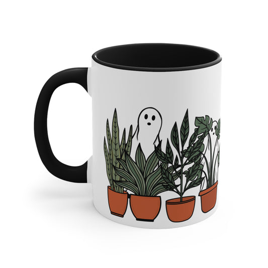 Potted plants and ghosts ceramic Coffee Mug, 11oz for him or her. Cute Halloween coffee mug with house plants for plant lady or plant daddy.