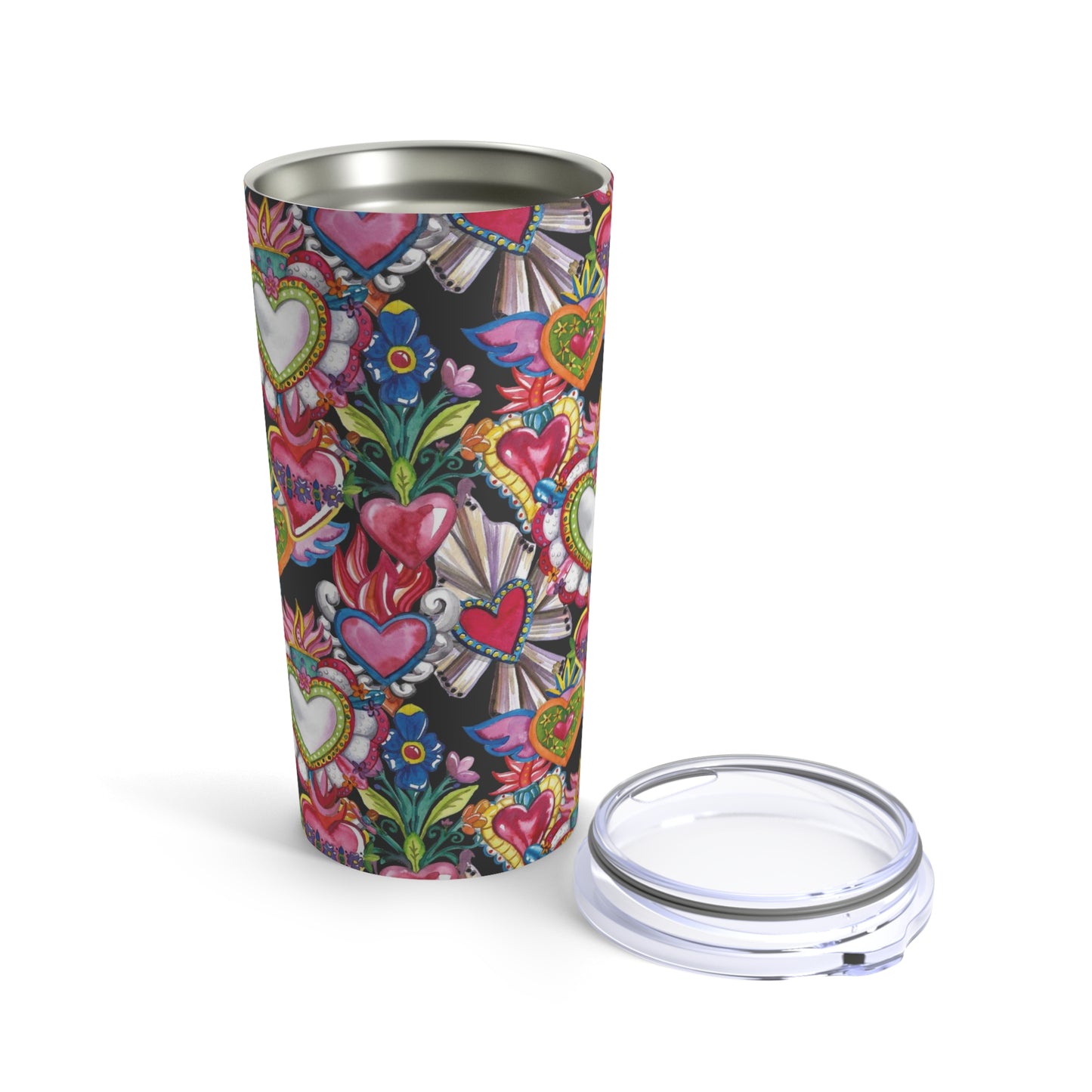 Sacred hearts tumbler 20oz. Stainless tumbler with Mexican folk art