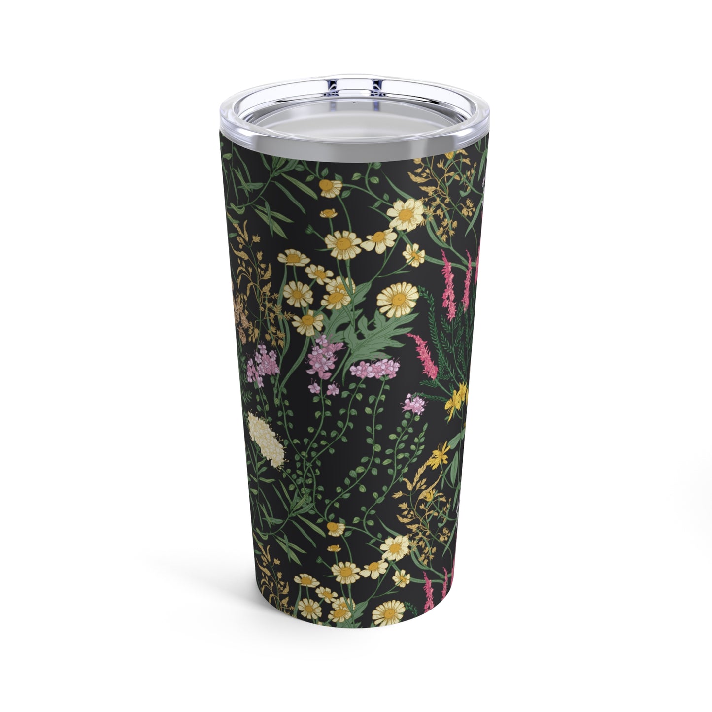 Wildflowers Tumbler 20oz. Stainless vacuum insulated tumbler with black background and colorful wildflowers for her