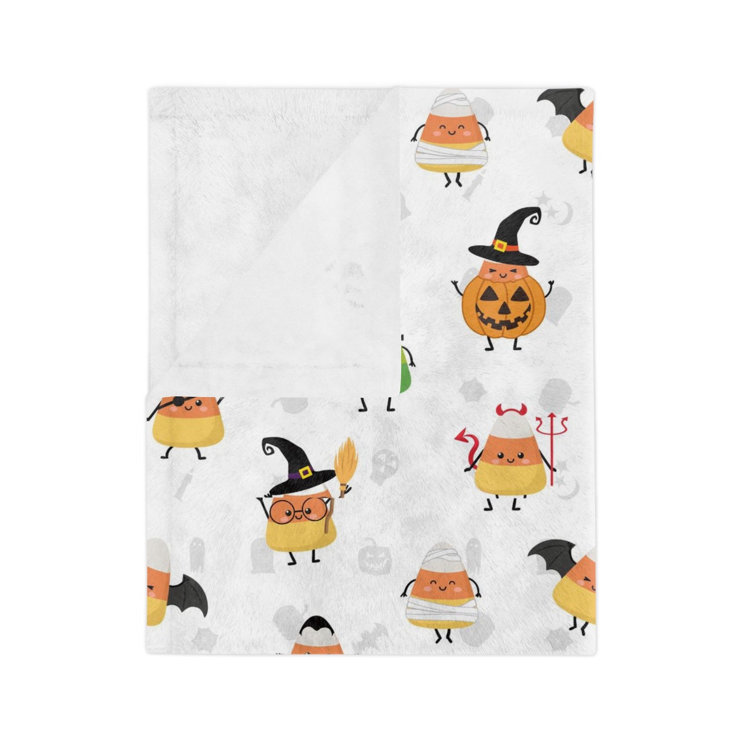 Halloween Blanket with candy corn for spooky season. Candy corns with Halloween costumes for Halloween lovers