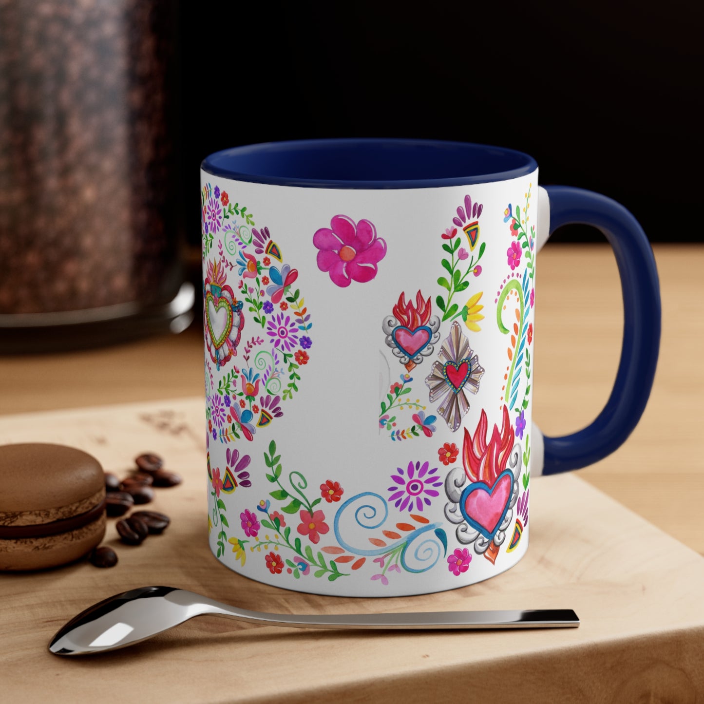 Sacred hearts Coffee Mug, 11oz. Milagritos coffee mug for Mexican friends. Mexican folk art mug for her.