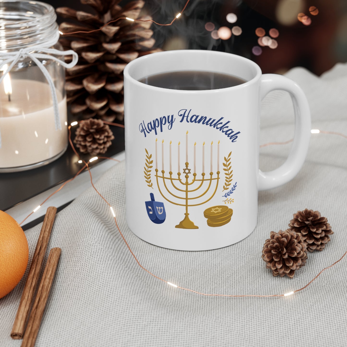 Happy Hanukkah Ceramic Mug 11oz for him. Celebrate the lights. Hannukah cup for her.
