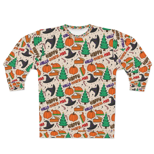 Happy HalloThankMas Unisex Sweatshirt. Happy Halloween, happy thanks giving and Merry Christmas, holiday season sweatshirts