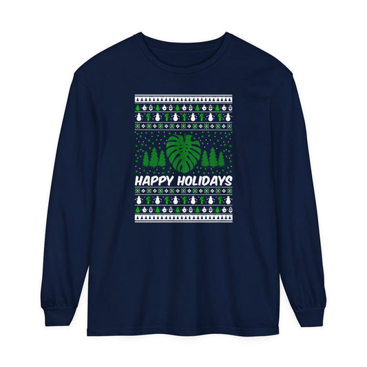 Happy holidays ugly sweater Unisex Jersey Long Sleeve Tee. Christmas ugly sweater with monstera leaf and snow flakes.