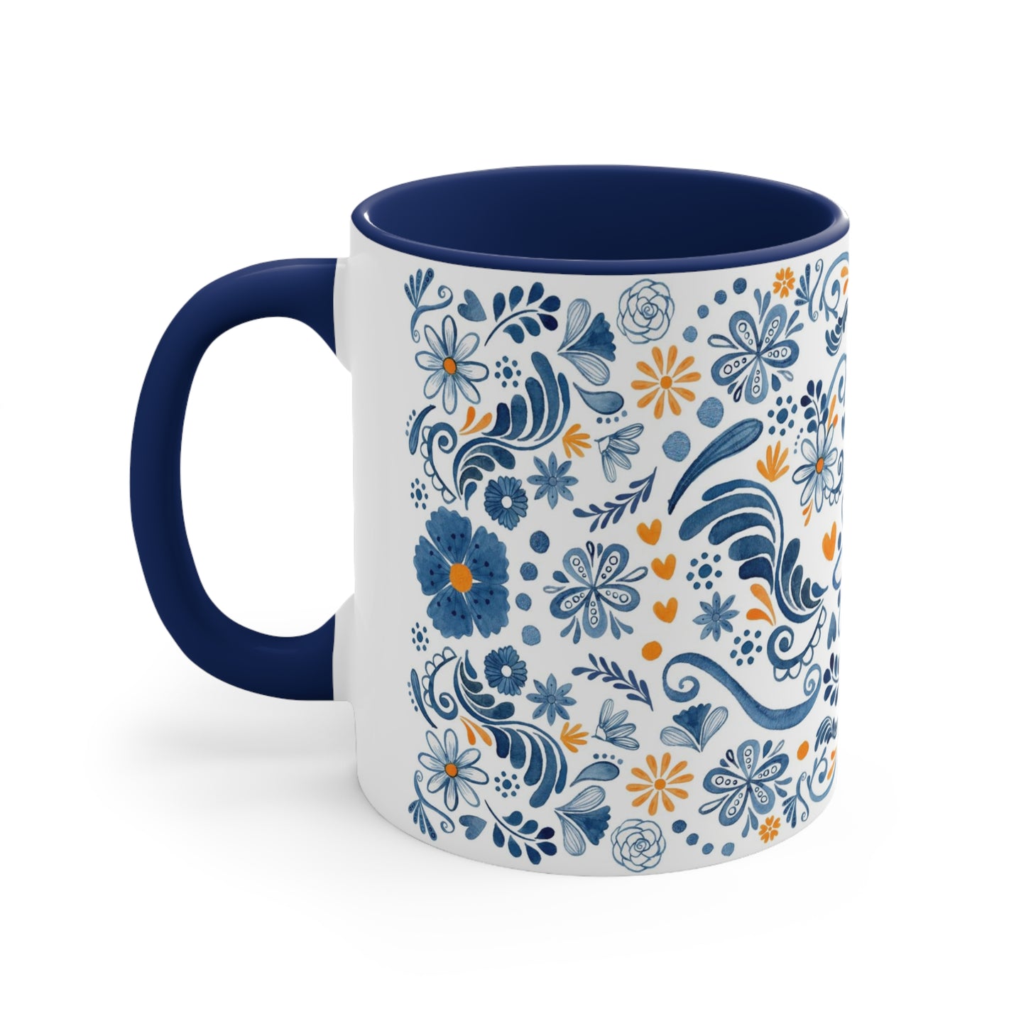 Mexican flowers Coffee Mug, 11oz. Blue orange and white Talavera mug. Mexican coffee mug