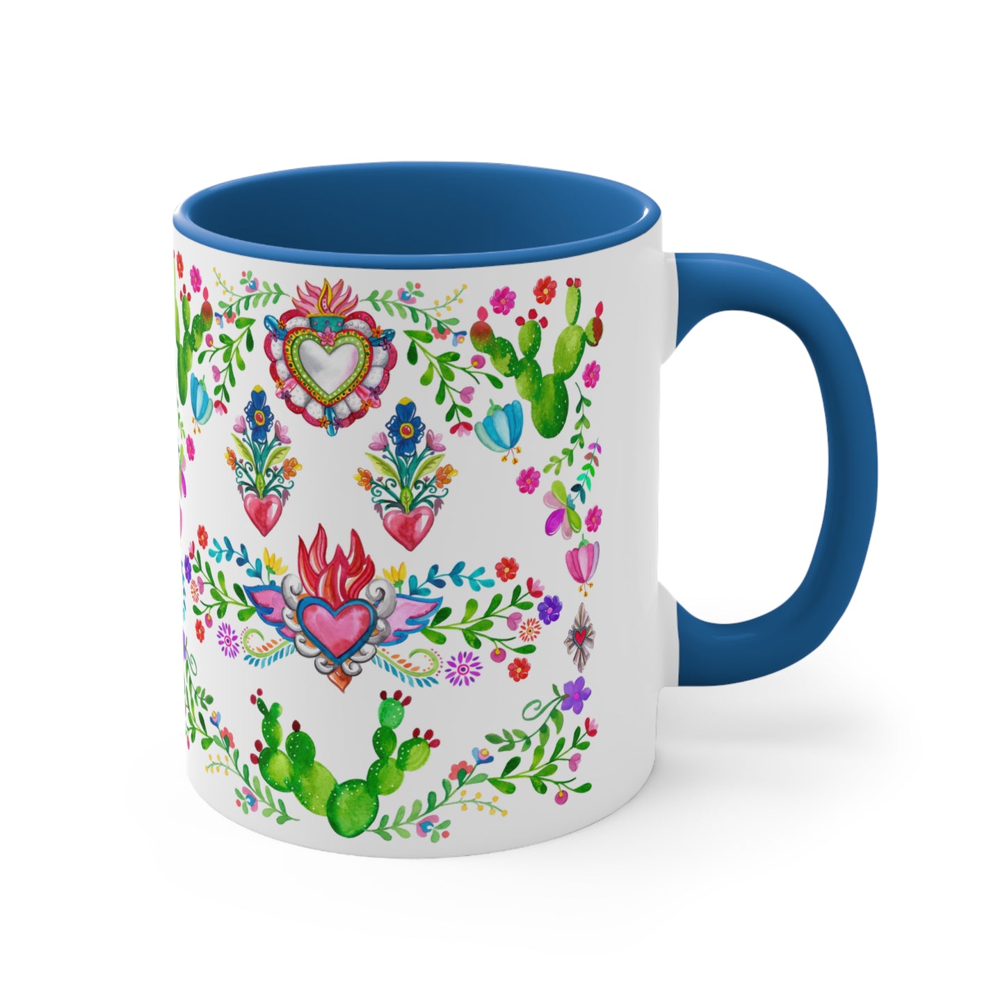 Sacred hearts and cactus Coffee Mug, 11oz. Mexican folk art mug