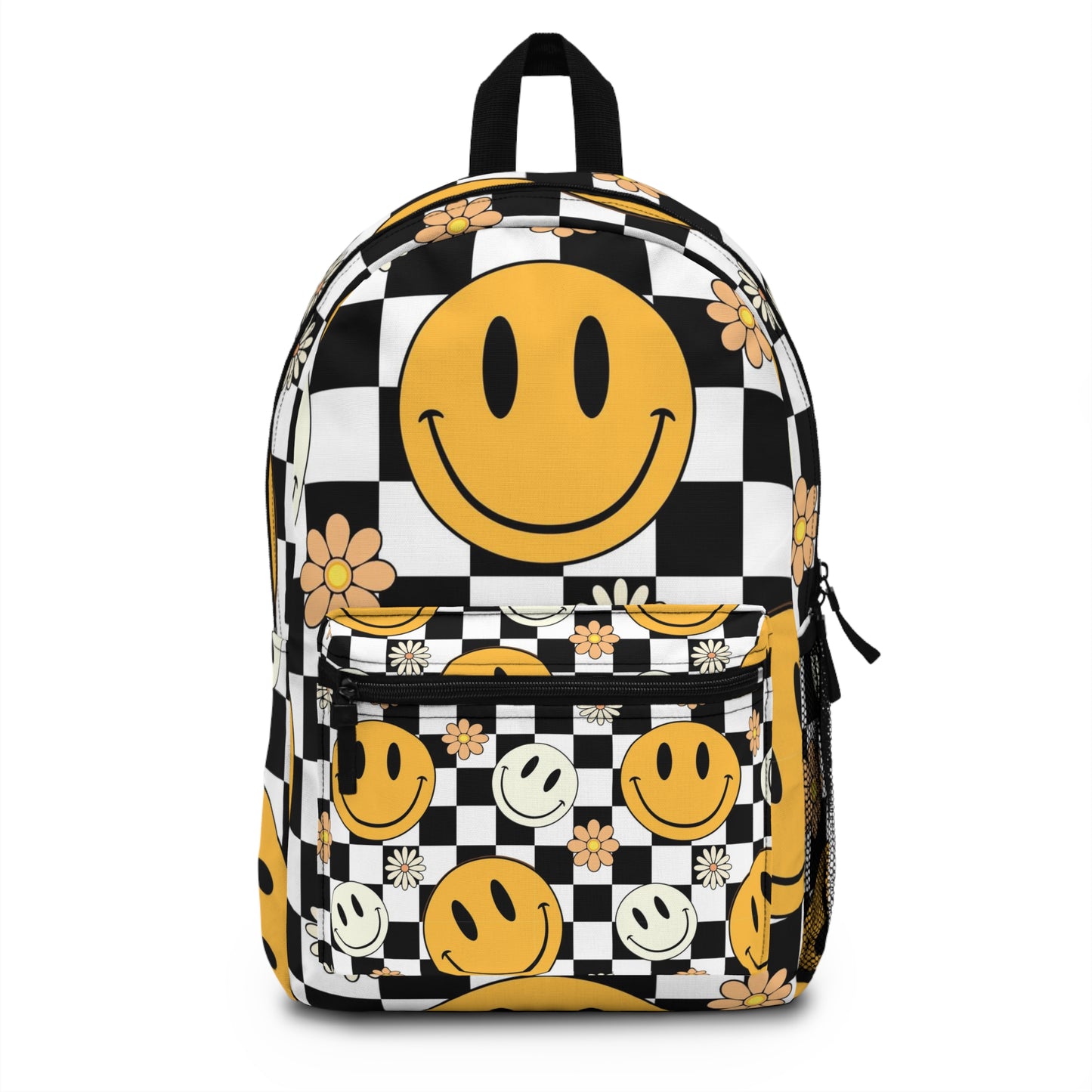 Happy face and Daisy flowers Backpack. Black and white Checkered and yellow and white happy face backpack for him or her. Back to school bag