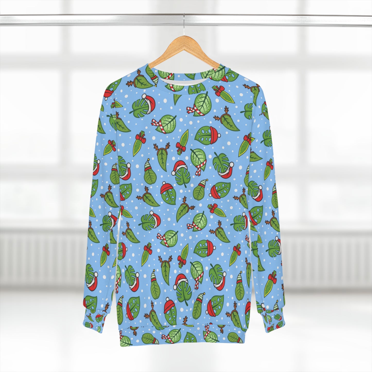 Christmas ugly sweater for plant lovers, Sweatshirt with houseplants leaves and Christmas decorations for holidays season.