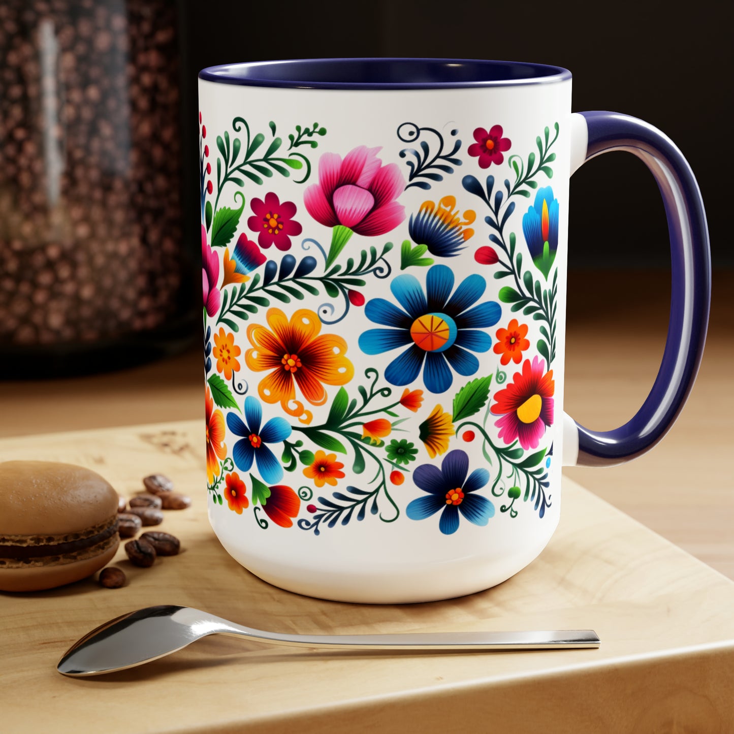 Mexican flowers Coffee Mugs, 15oz for Mexican mom, comadre or Mexican tia. Tia gift, Mothers Day gift ideas. Madrina gift. Mexican folk art
