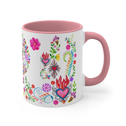 Sacred hearts Coffee Mug, 11oz. Milagritos coffee mug for Mexican friends. Mexican folk art mug for her.