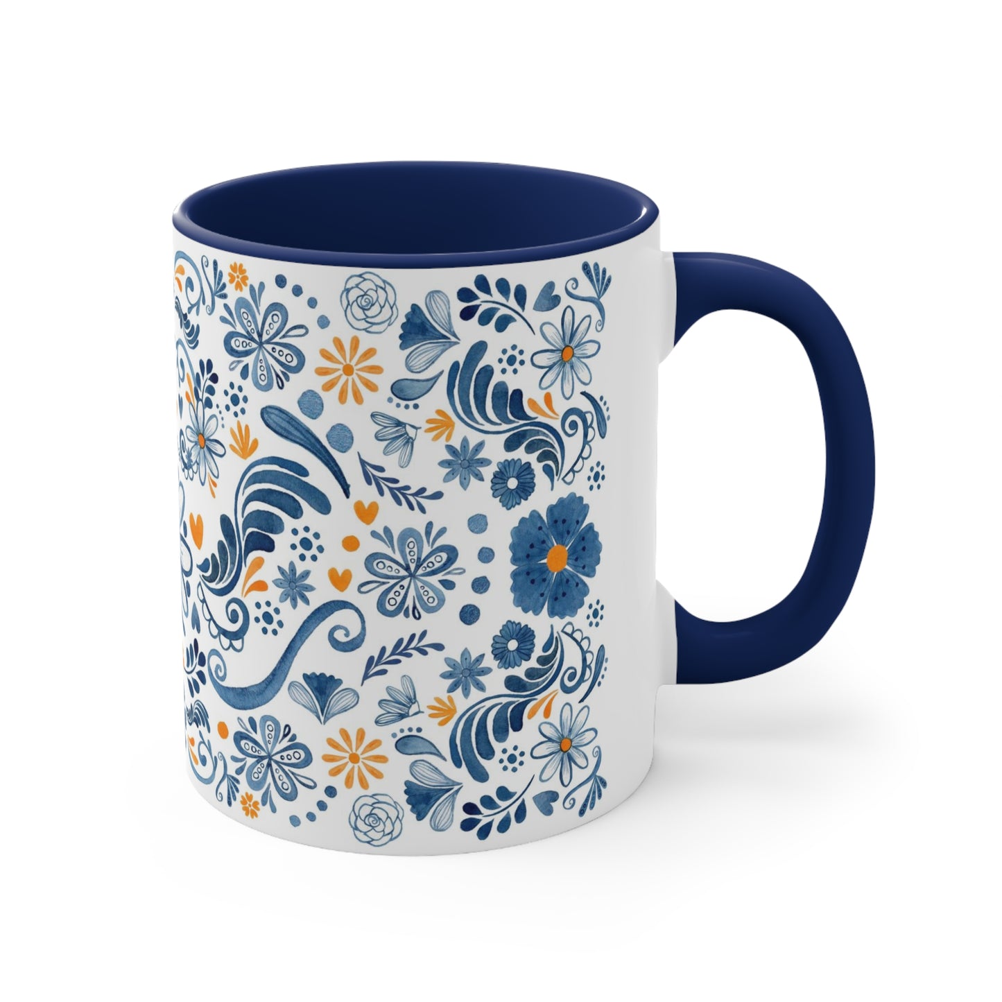 Mexican flowers Coffee Mug, 11oz. Blue orange and white Talavera mug. Mexican coffee mug