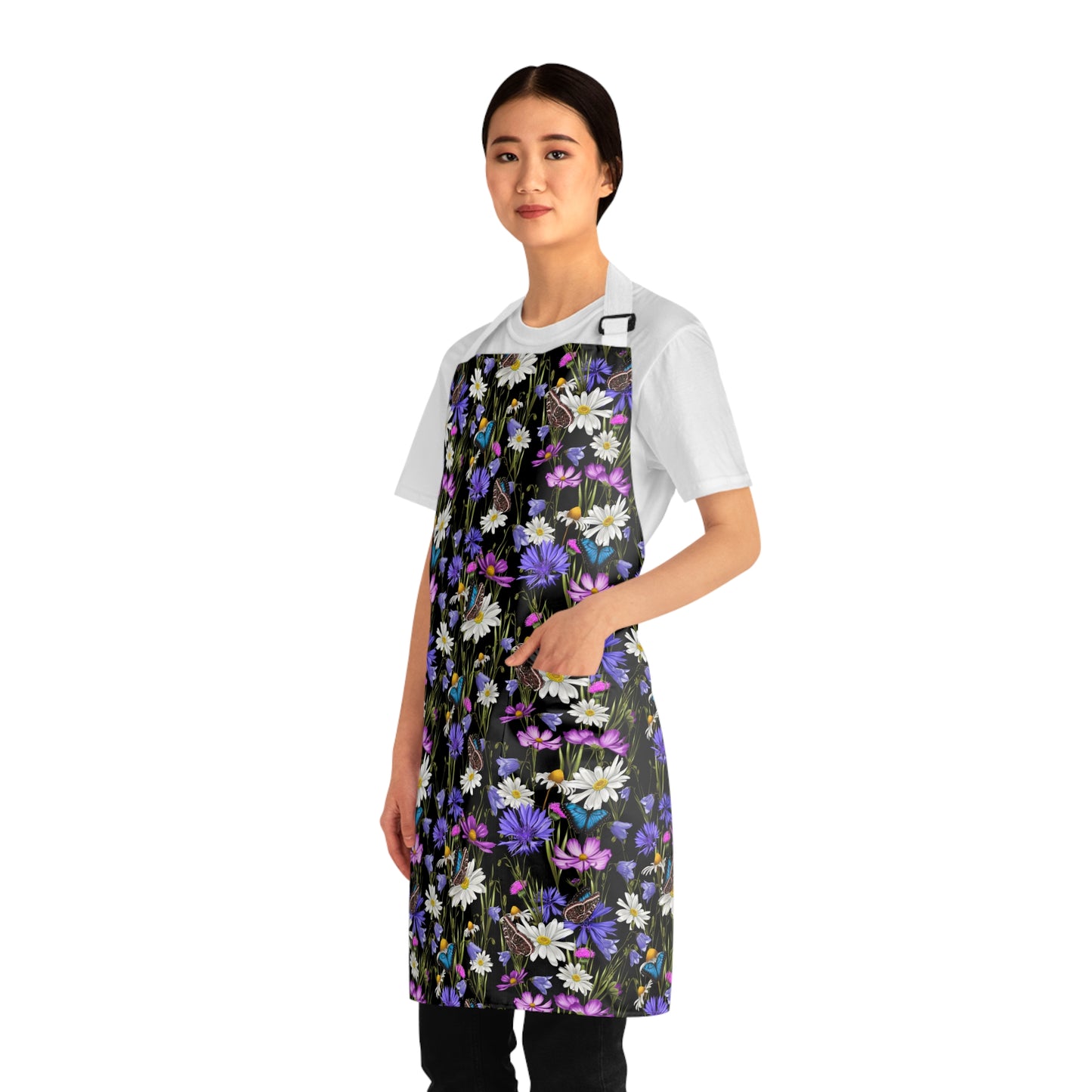 Purple and white wildflowers Apron with cute butterflies. Mothers Day gift for garden lover or grandma