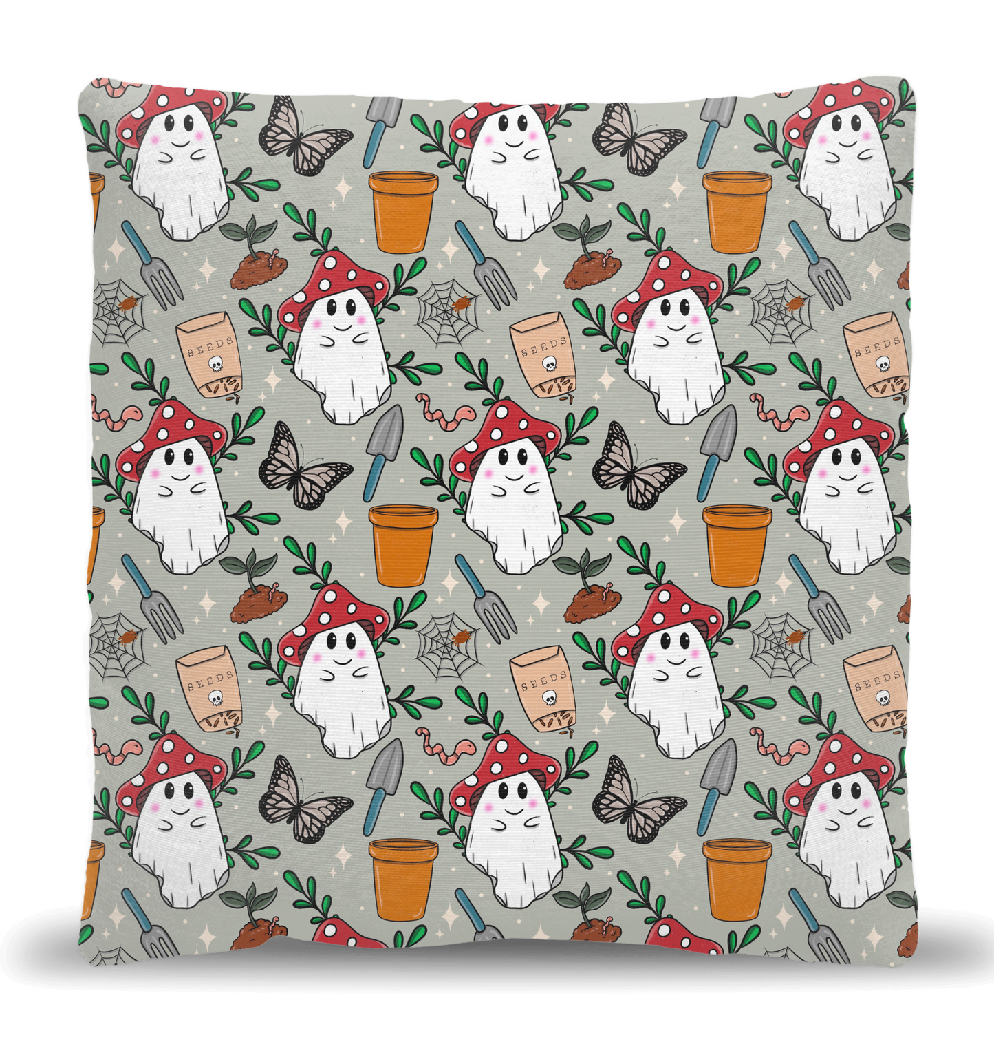 Ghost with mushroom hat woven pillow 18x17”