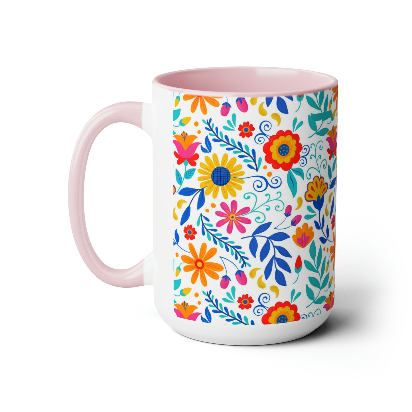 Mexican flowers Coffee Mugs, 15oz for mom or friends. Floral gift for her. Mexican folk art with flowers and leaves.