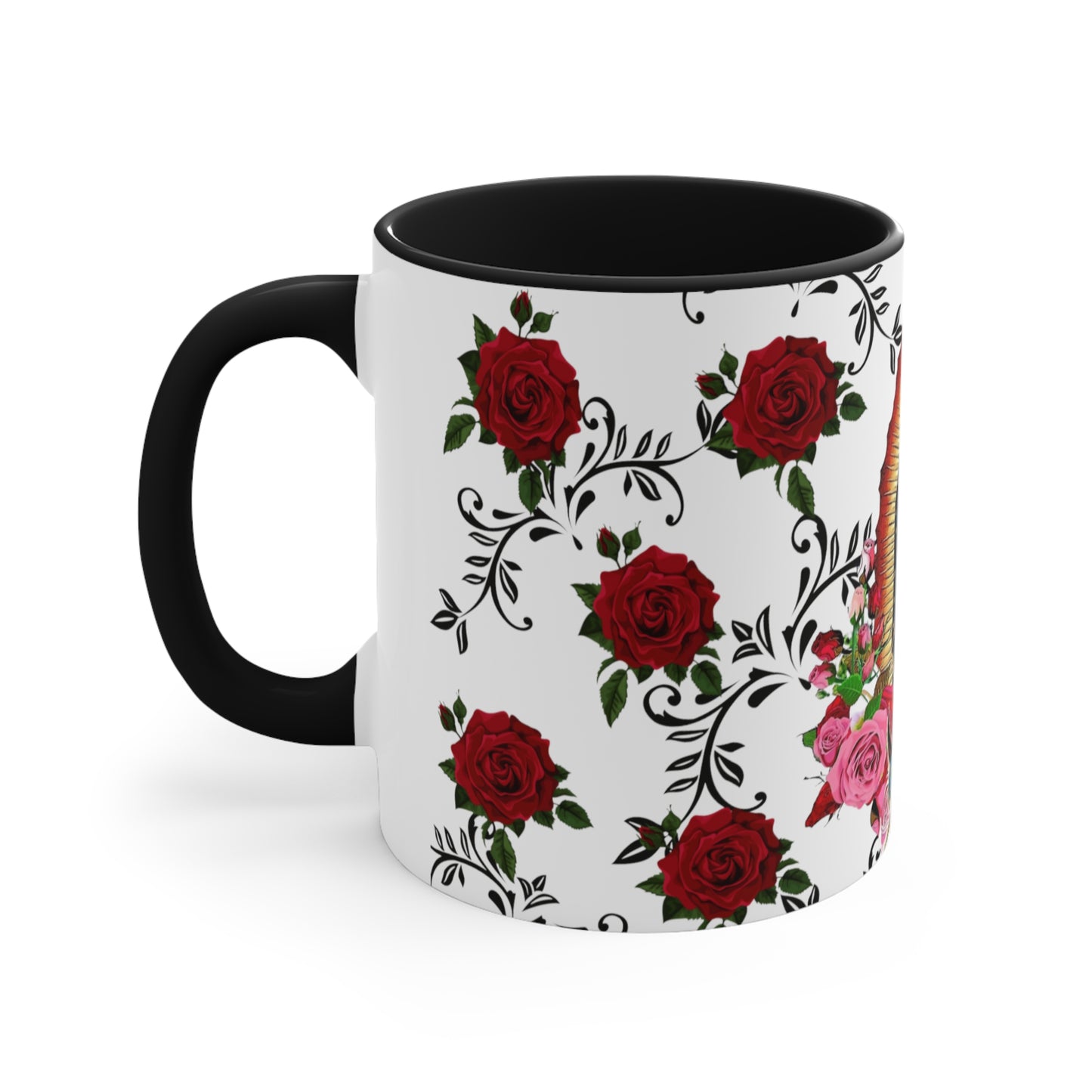 Virgen de Guadalupe Coffee Mug, 11oz. Lady guadalupe with roses and leaves.