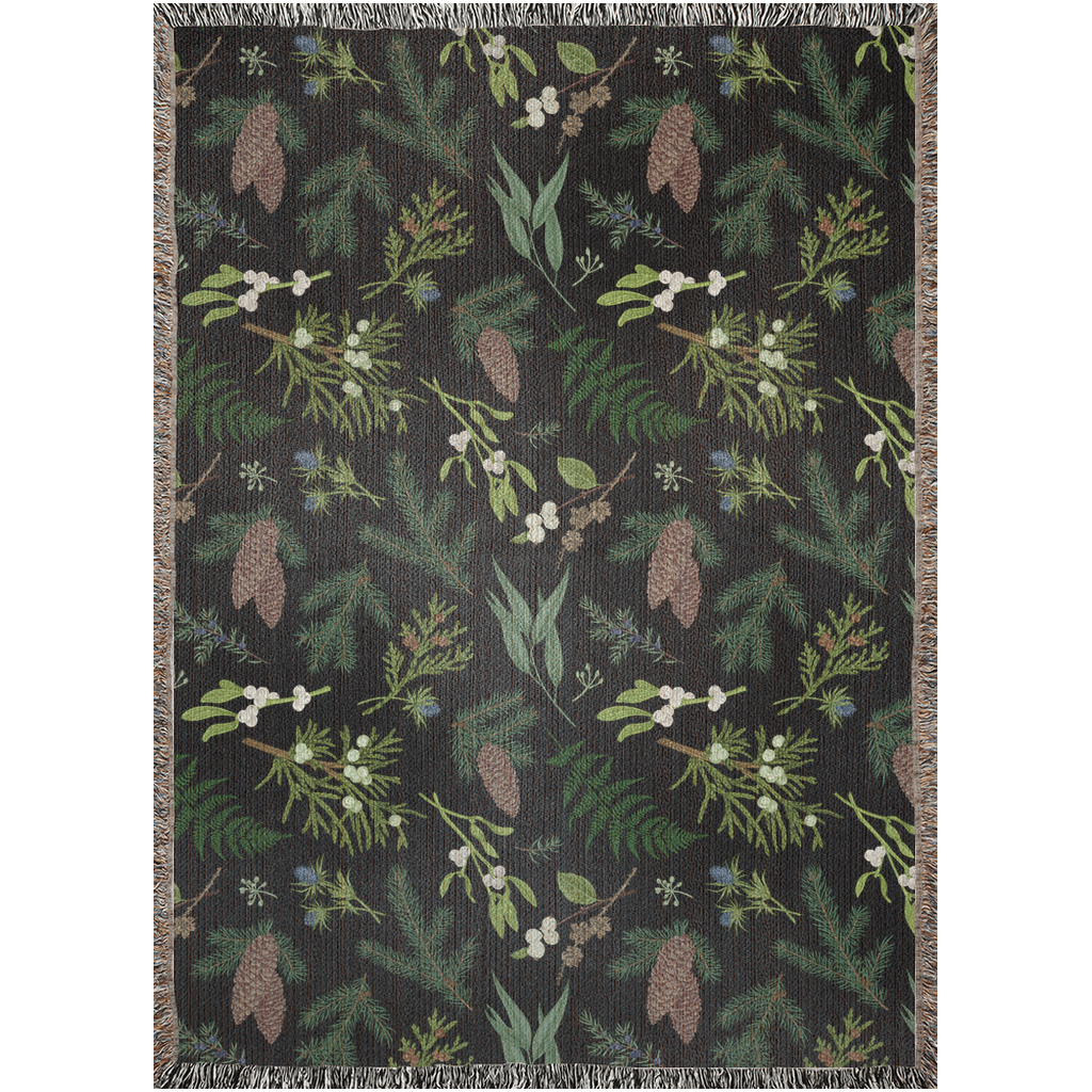 Botanical Throw Blanket With Plants And PineCones Woven Blanket. Plant Leaves With Green Foliage And Evergreen Plants Blanket. Forest Deco