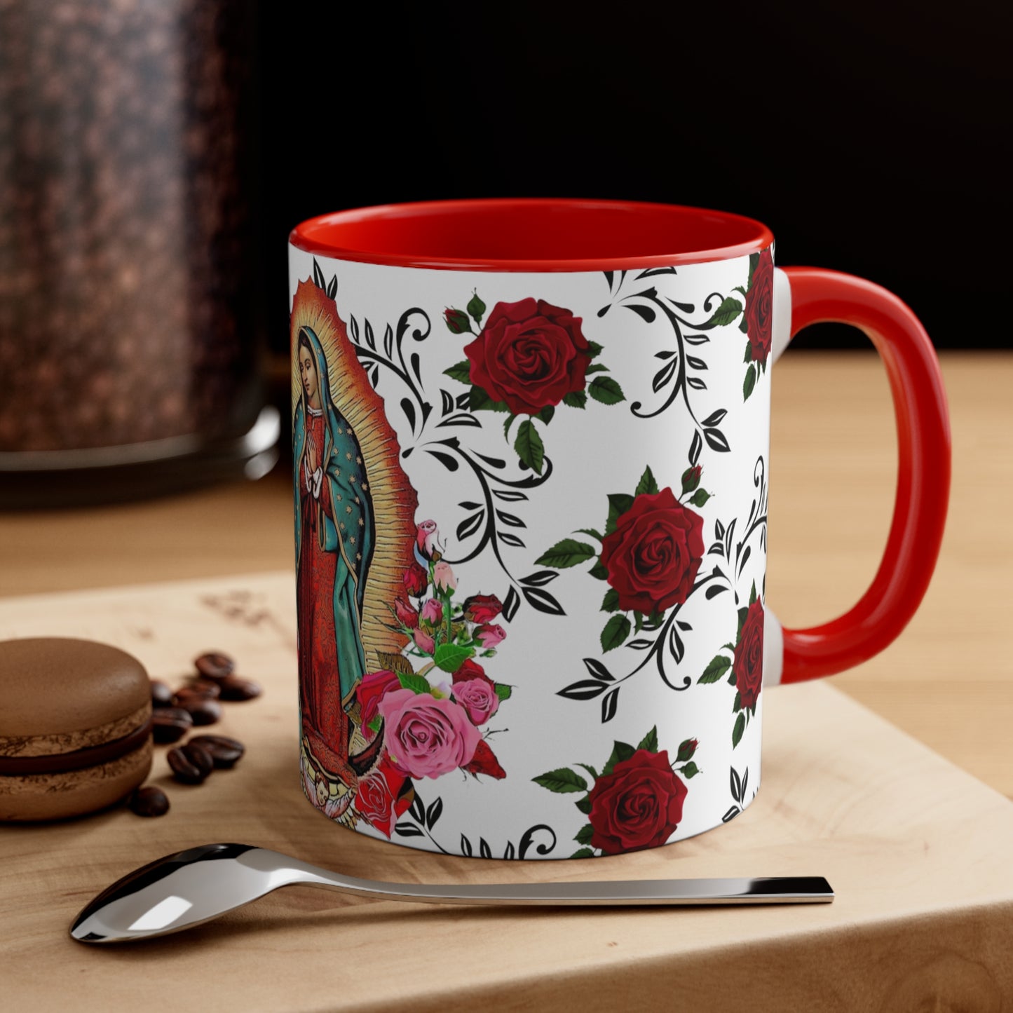 Virgen de Guadalupe Coffee Mug, 11oz. Lady guadalupe with roses and leaves.