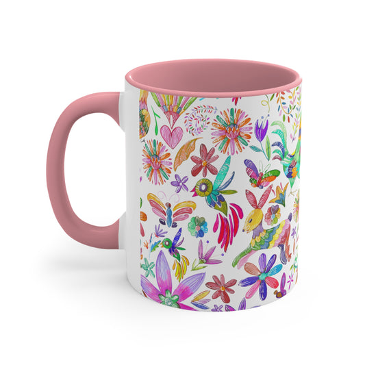 Colorful Otomi Coffee Mug, 11oz with animals and plants for mom or friends. Mexican folk art mug. Mexican ceramic coffee mug