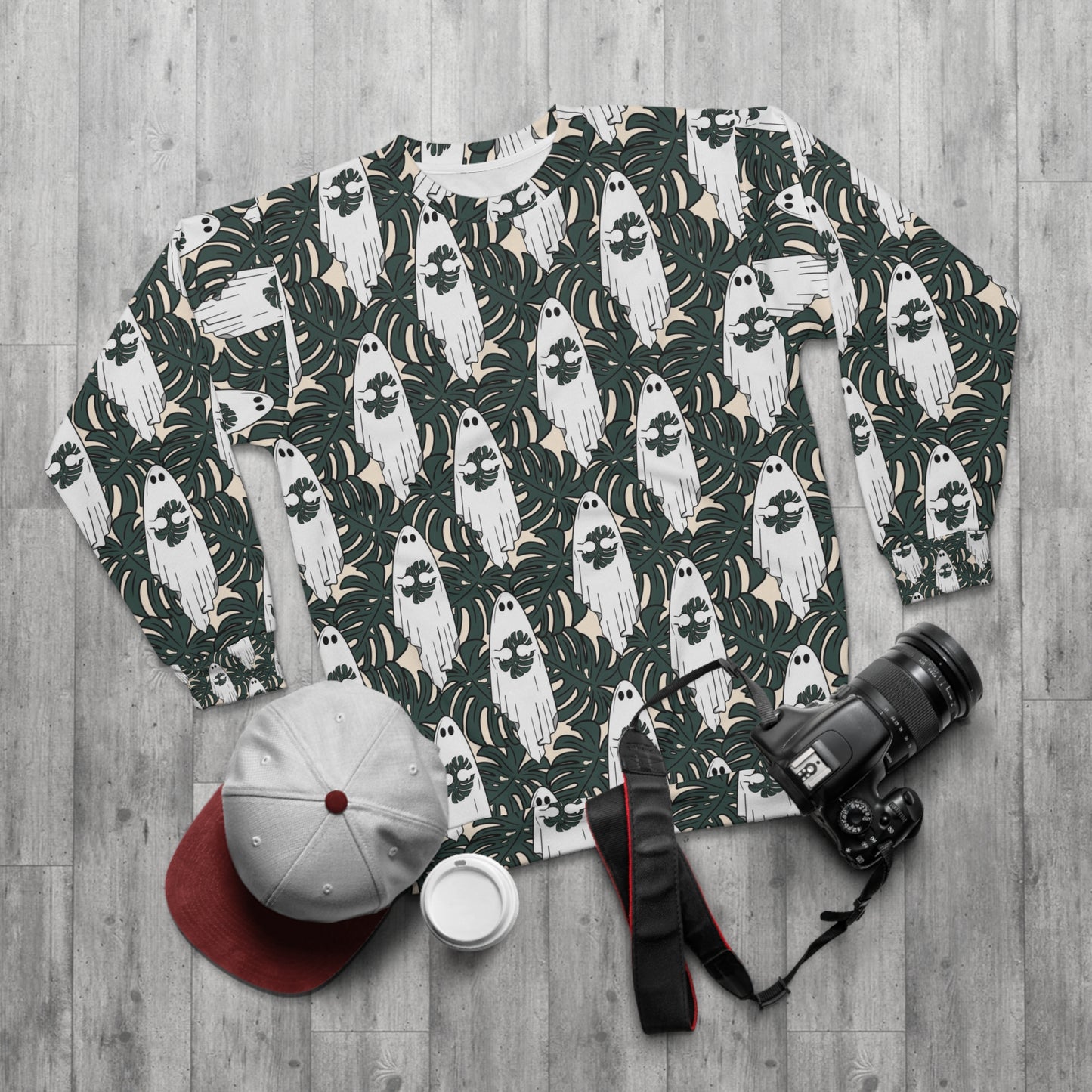 Monstera leaves and cute ghost Unisex Sweatshirt for plant lover and Halloween lover. LIMITED TIME.