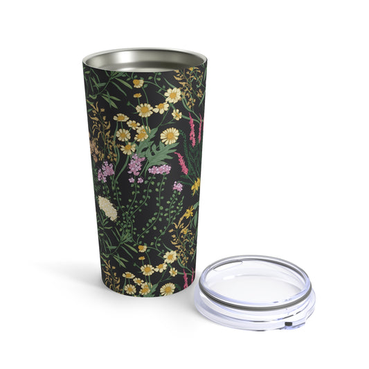 Wildflowers Tumbler 20oz. Stainless vacuum insulated tumbler with black background and colorful wildflowers for her