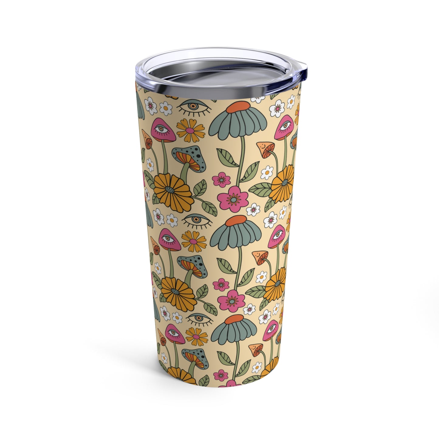 Groovy stainless Tumbler 20oz for her. Vacuum insulated with groovy mushroom and flowers. Christmas gift for family or friends