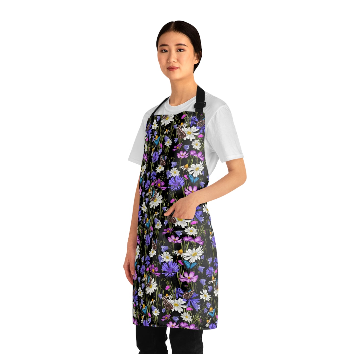 Purple and white wildflowers Apron with cute butterflies. Mothers Day gift for garden lover or grandma