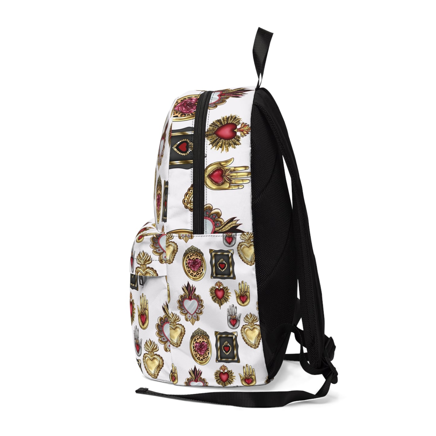 Sacred hearts Backpack for her. Back to school 2023 with this Mexican book bag. Golden, white, black and red backpack with holy hearts.