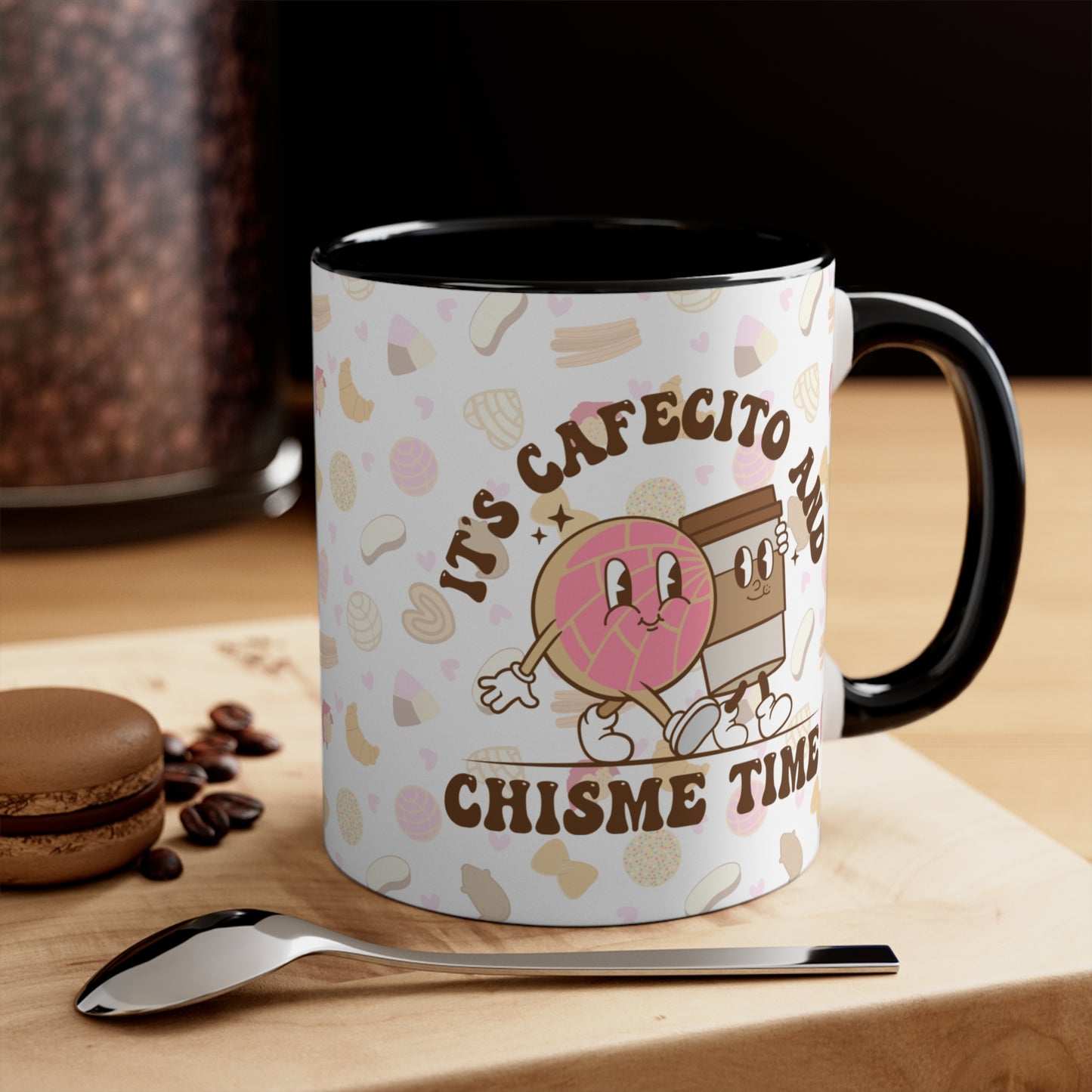 Cafecito y chisme time Coffee Mug, 11oz for Mexican and Latin friends. Concha coffee mug.