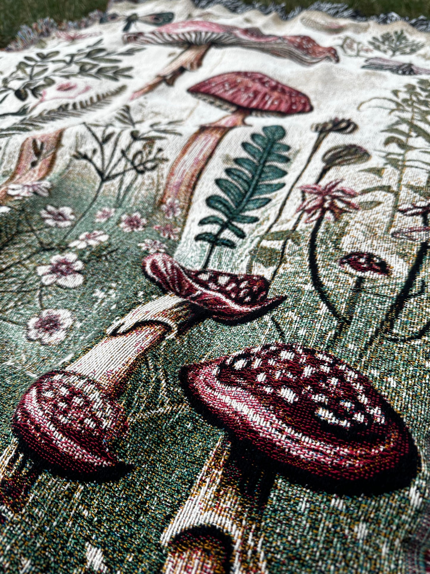 Mushrooms Woven Blanket for cottagecore home decor and mushroom lovers.