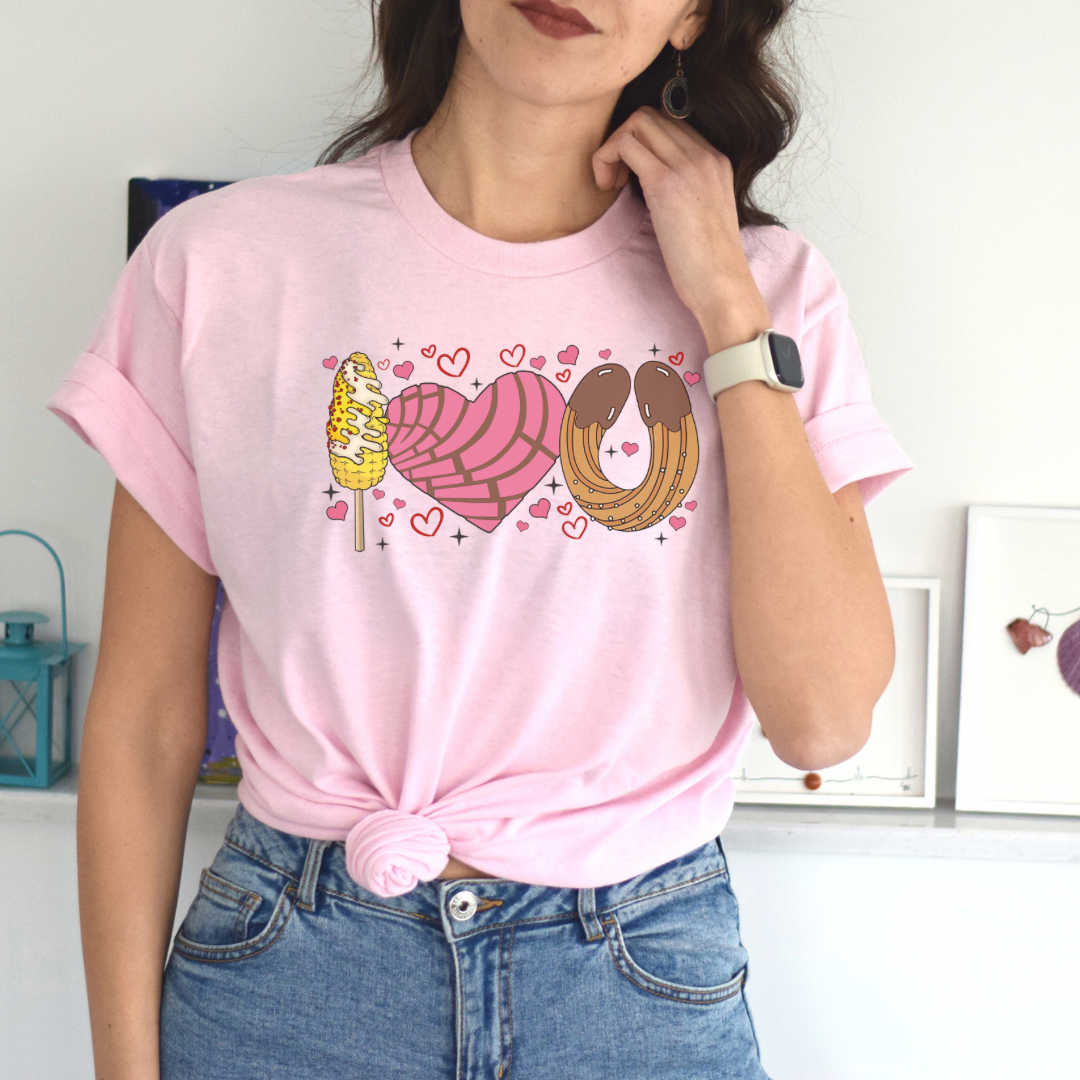 I love you shirt with elote, concha y churro. Mexican Unisex Heavy Cotton Tee. Mexican Valentines Day. Pan dulce shirt.