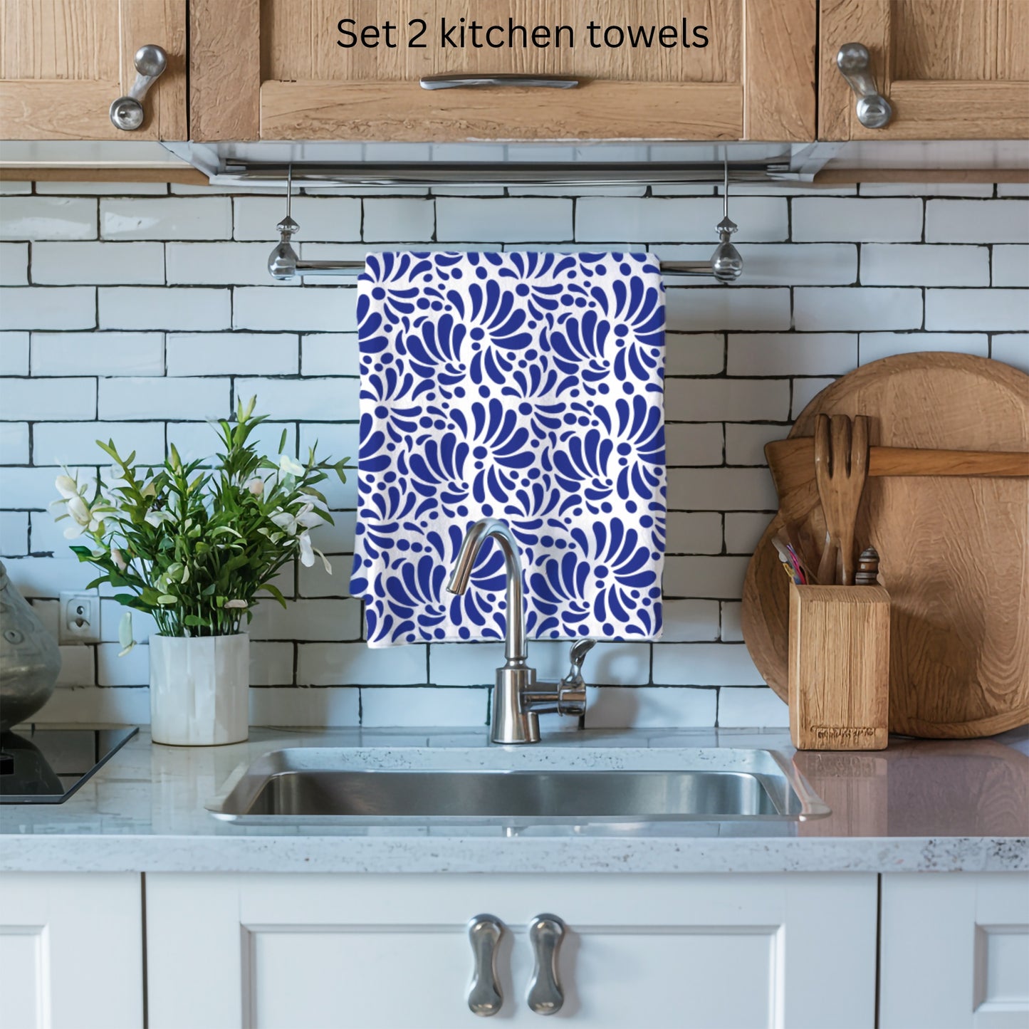 Blue and white Talavera kitchen towels. Mexican tea towel for Mexican kitchen decor. Set of 2 hand kitchen towel with Talavera desing