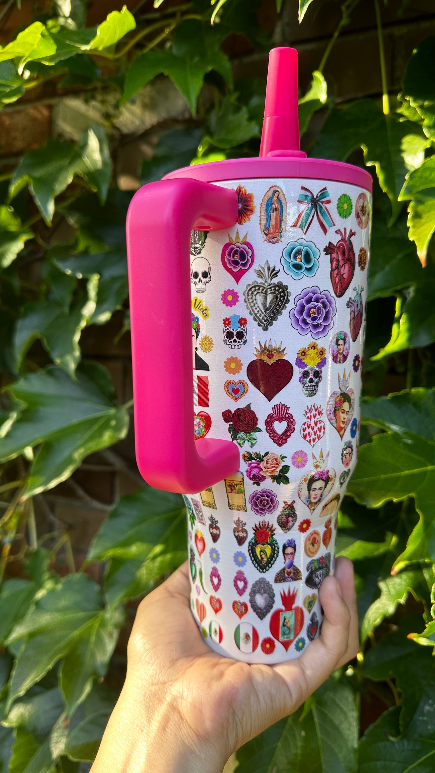 Mexican Mug with pink handle and flip straw - 32oz Stainless Steel Tumbler with Iconic Mexican Symbols