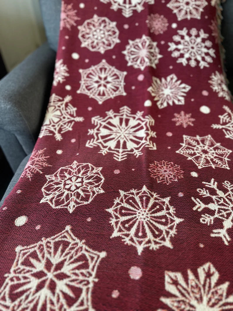 Red and white snowflakes Woven Blankets for holiday season. Christmas gift for family and friends.