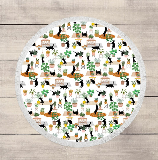 Cats and plants round beach towel