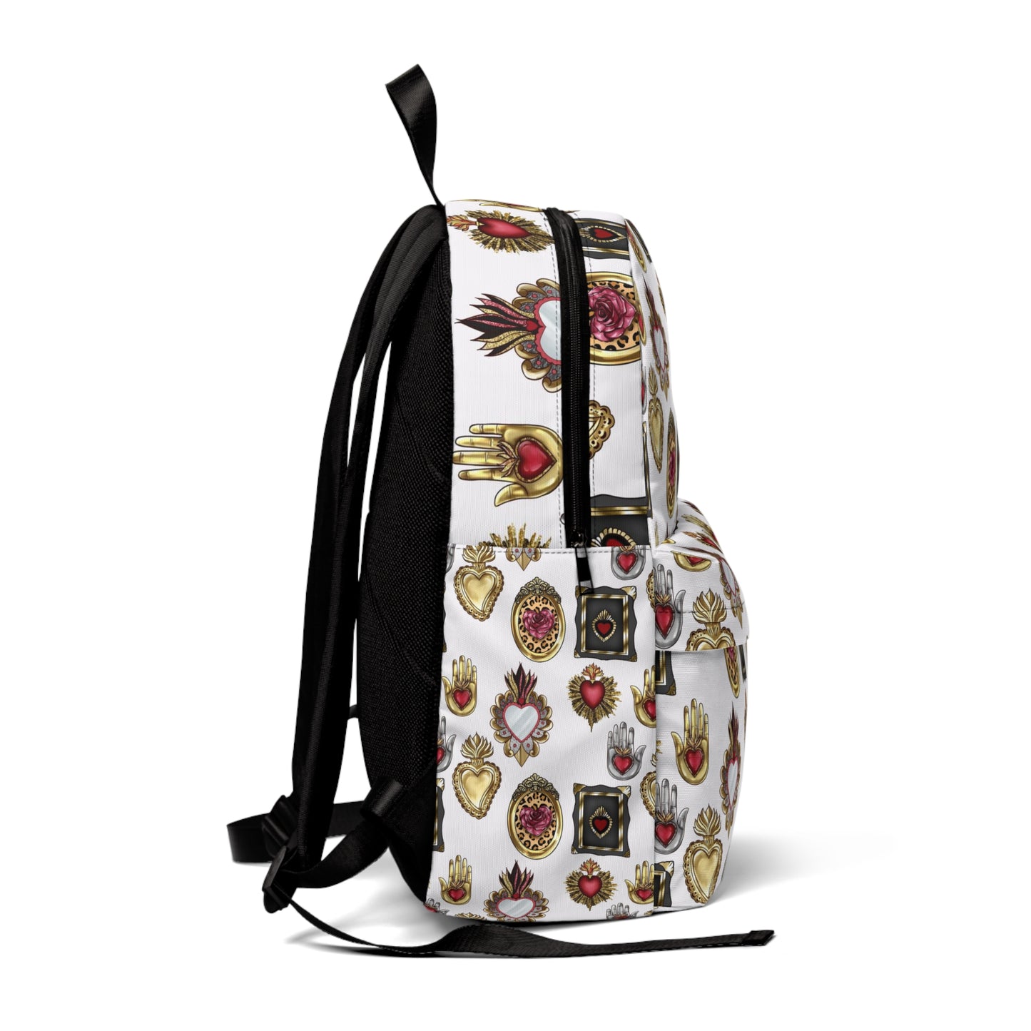 Sacred hearts Backpack for her. Back to school 2023 with this Mexican book bag. Golden, white, black and red backpack with holy hearts.