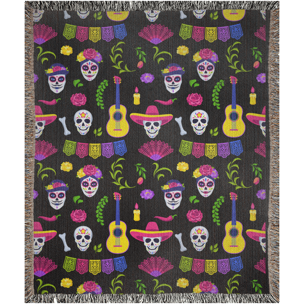 Skull fiesta Woven Blanket. Catrin and catrina head art. Mexican blanket. Mexican folklore art