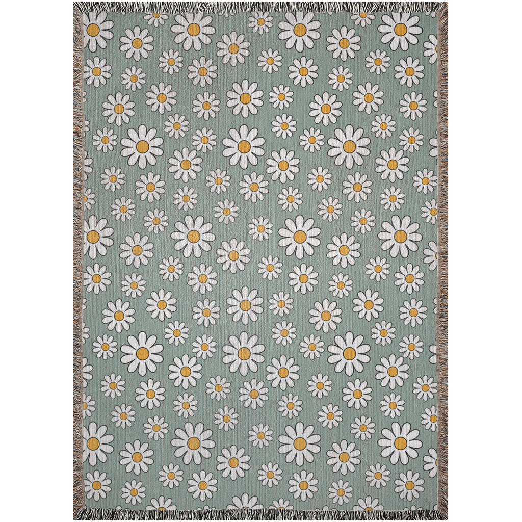 Daisy Flowers Woven Blanket. Sage Blanket With White Flowers. Floral Woven Blanket. Groovy Flowers Blanket