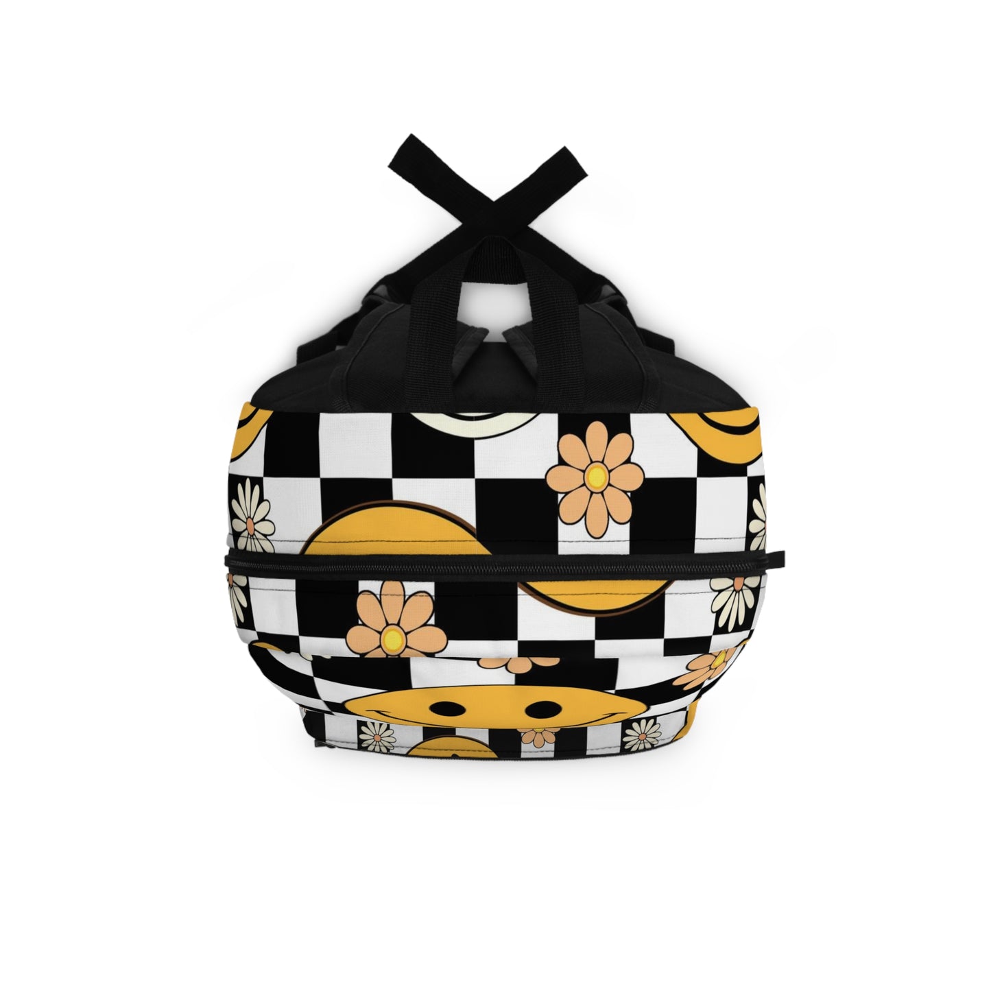 Happy face and Daisy flowers Backpack. Black and white Checkered and yellow and white happy face backpack for him or her. Back to school bag