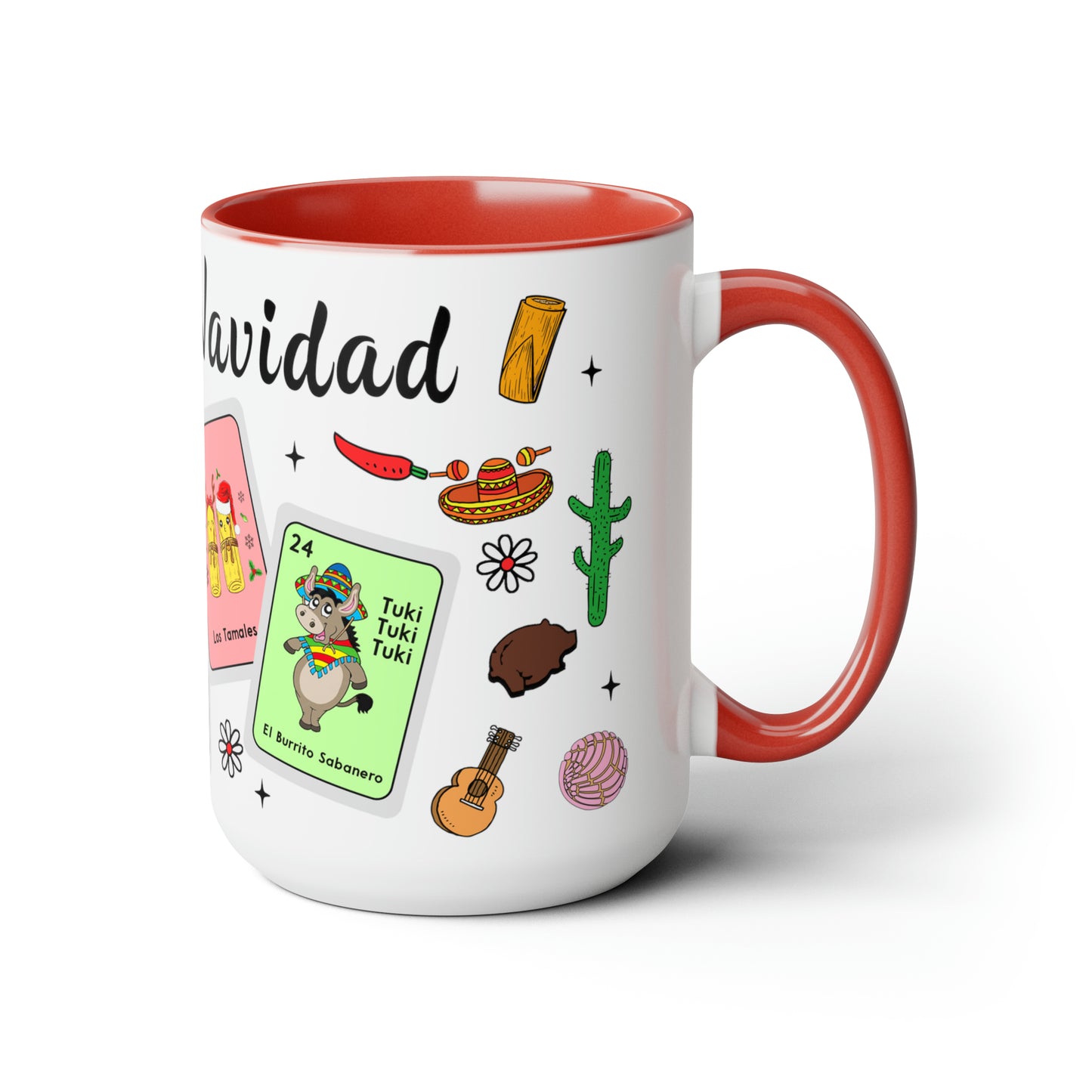Feliz navidad Coffee Mugs, 15oz for Mexican family or Latin friend. Mexica cup for him or her. El burrito sabanero, los tamales, el Santa.