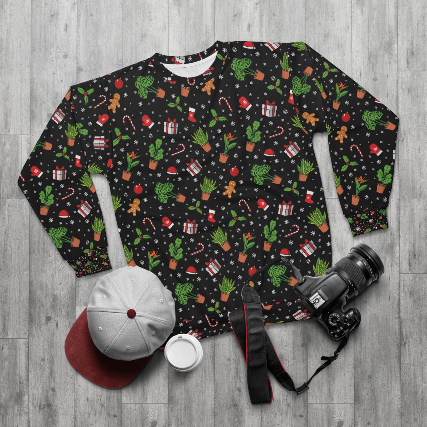 Plant lover Christmas Sweatshirt with house plants, snowflakes, Christmas gift, candy canes and gingerbread man