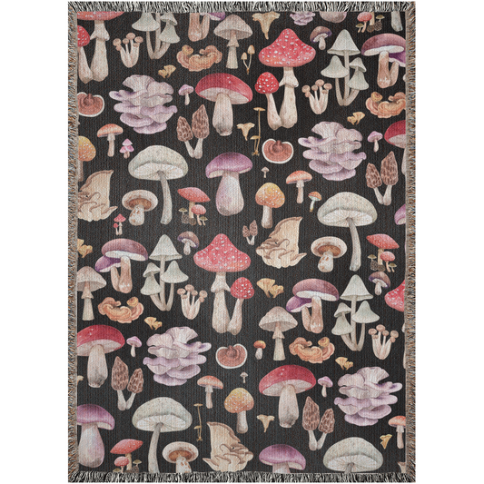 Mushroom Woven Blankets For Mushroom Lover or Mycologist. Fungus blanket with shiitake, amanita, chanterelle, enokitake. Mushroom bedding.