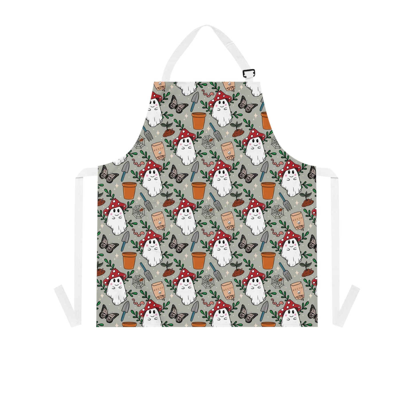 Cottagecore Apron with cute ghost wearing a mushroom hat and having gardening tools. Apron for gardener. Gardening apron for garden lover.