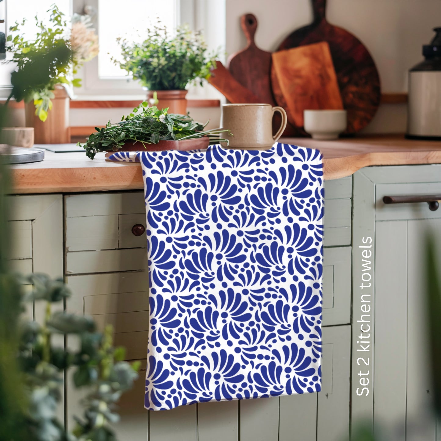 Blue and white Talavera kitchen towels. Mexican tea towel for Mexican kitchen decor. Set of 2 hand kitchen towel with Talavera desing