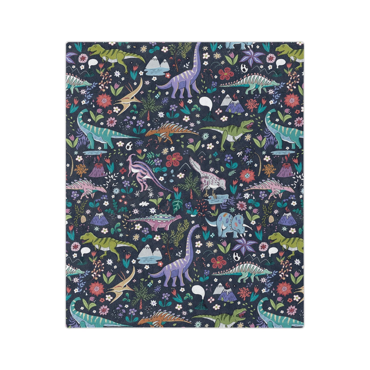 Dinosaur world Velveteen Minky Blanket with dark background.