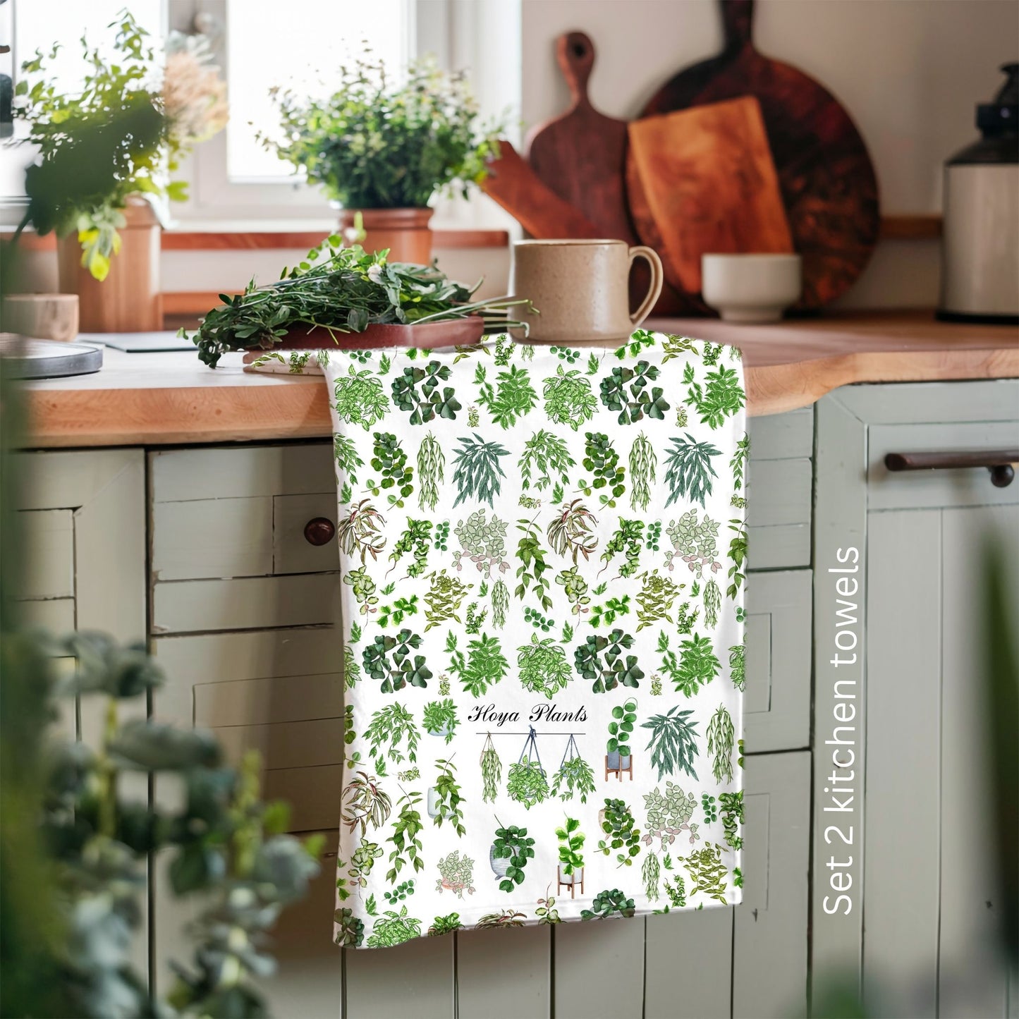 Hoya plants tea towel. Set of 2 cotton Plants kitchen towel.