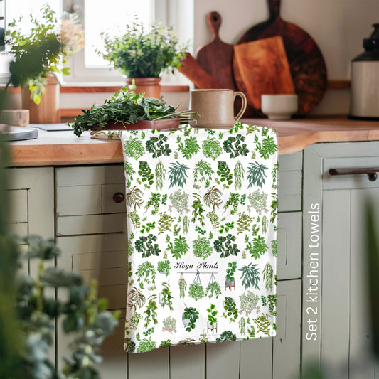 Hoya plants tea towel. Set of 2 cotton Plants kitchen towel.