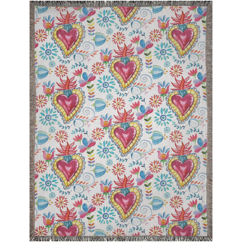 Sacred hearts with blue flowers Woven Blankets. Mexican folk blanket for her. Sagrado corazon. Milagritos cobija