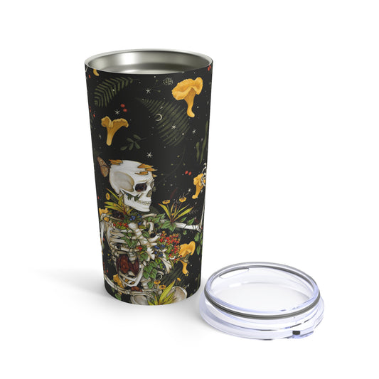 Skeleton Tumbler 20oz for him or her. Dark academia style with mushrooms and skeleton. Gothic tumbler for her or him.